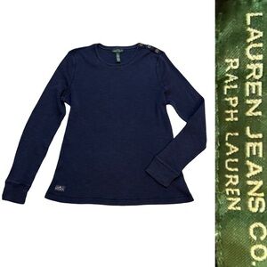 Ralph Lauren Navy Long Sleeve Lightly Ribbed Tee with Button Accents